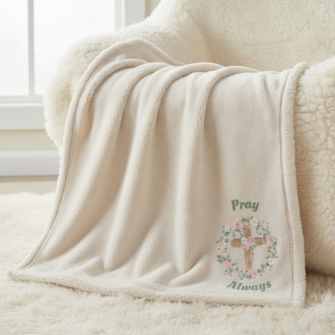 Pray Always Floral Cross Sherpa Blanket | Cozy Christian Throw Blanket | Faith Inspired Gift | Soft Plush Blanket
