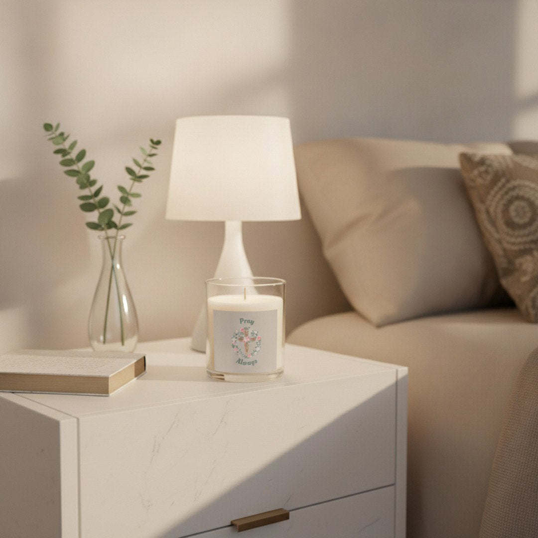 Pray Always™ 11 oz Glass Candle | Christian Soy Wax Candle | Floral Cross Faith Gift | Inspirational Home Décor