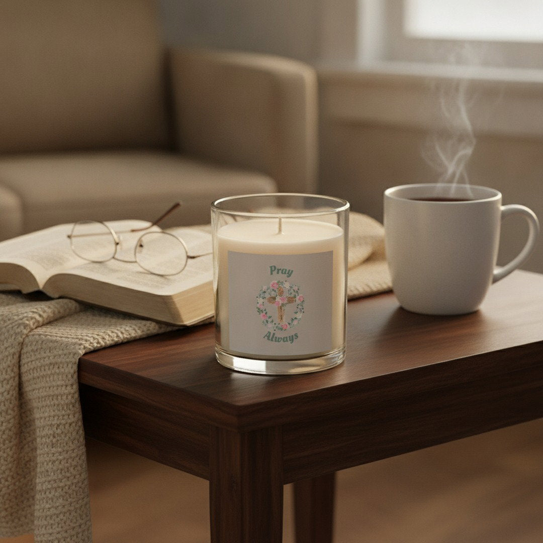 Pray Always™ 11 oz Glass Candle | Christian Soy Wax Candle | Floral Cross Faith Gift | Inspirational Home Décor