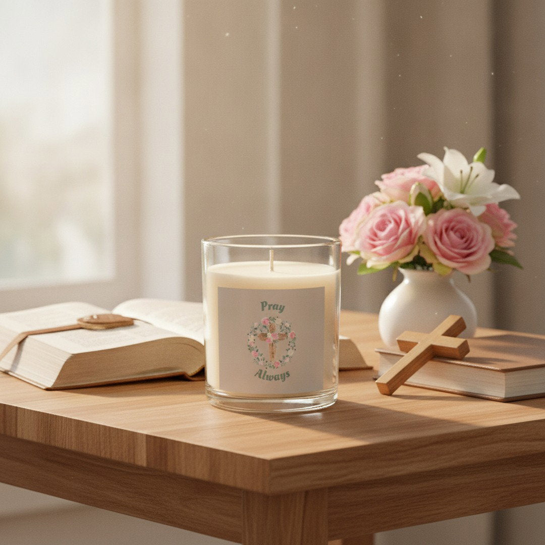 Pray Always™ 11 oz Glass Candle | Christian Soy Wax Candle | Floral Cross Faith Gift | Inspirational Home Décor