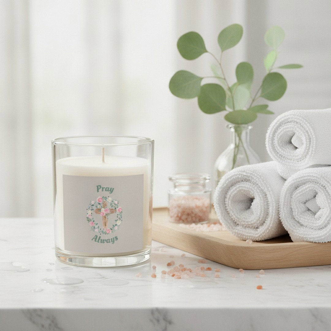 Pray Always™ 11 oz Glass Candle | Christian Soy Wax Candle | Floral Cross Faith Gift | Inspirational Home Décor