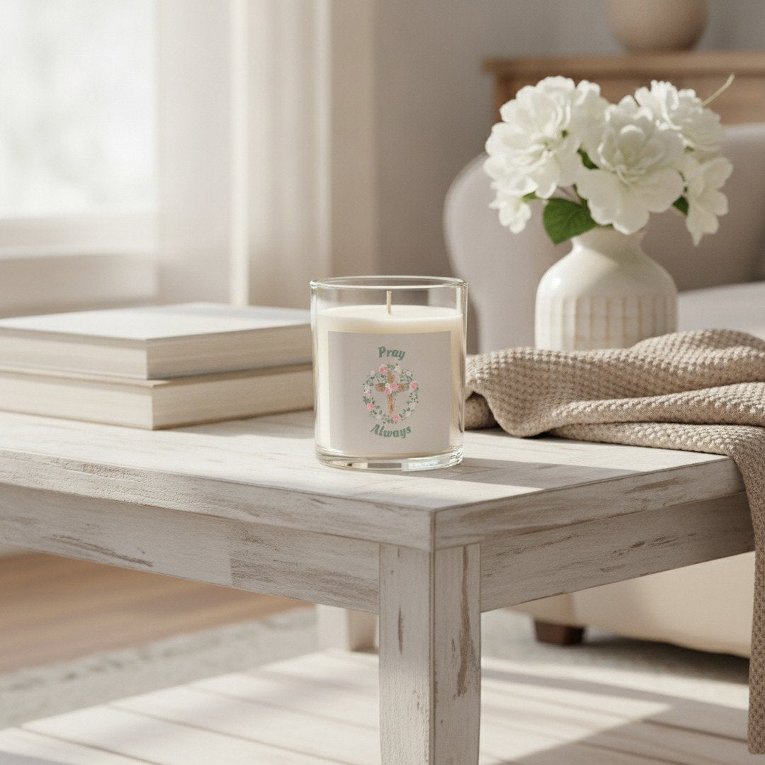 Pray Always™ 11 oz Glass Candle | Christian Soy Wax Candle | Floral Cross Faith Gift | Inspirational Home Décor
