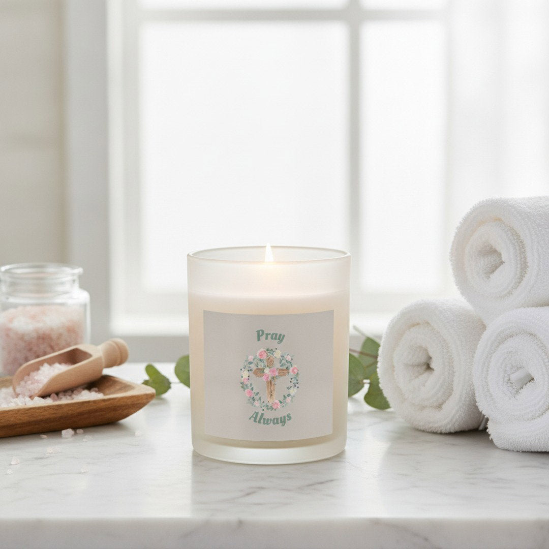 Pray Always™ 11 oz Glass Candle | Christian Soy Wax Candle | Floral Cross Faith Gift | Inspirational Home Décor