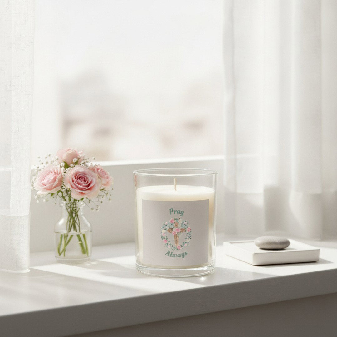 Pray Always™ 11 oz Glass Candle | Christian Soy Wax Candle | Floral Cross Faith Gift | Inspirational Home Décor
