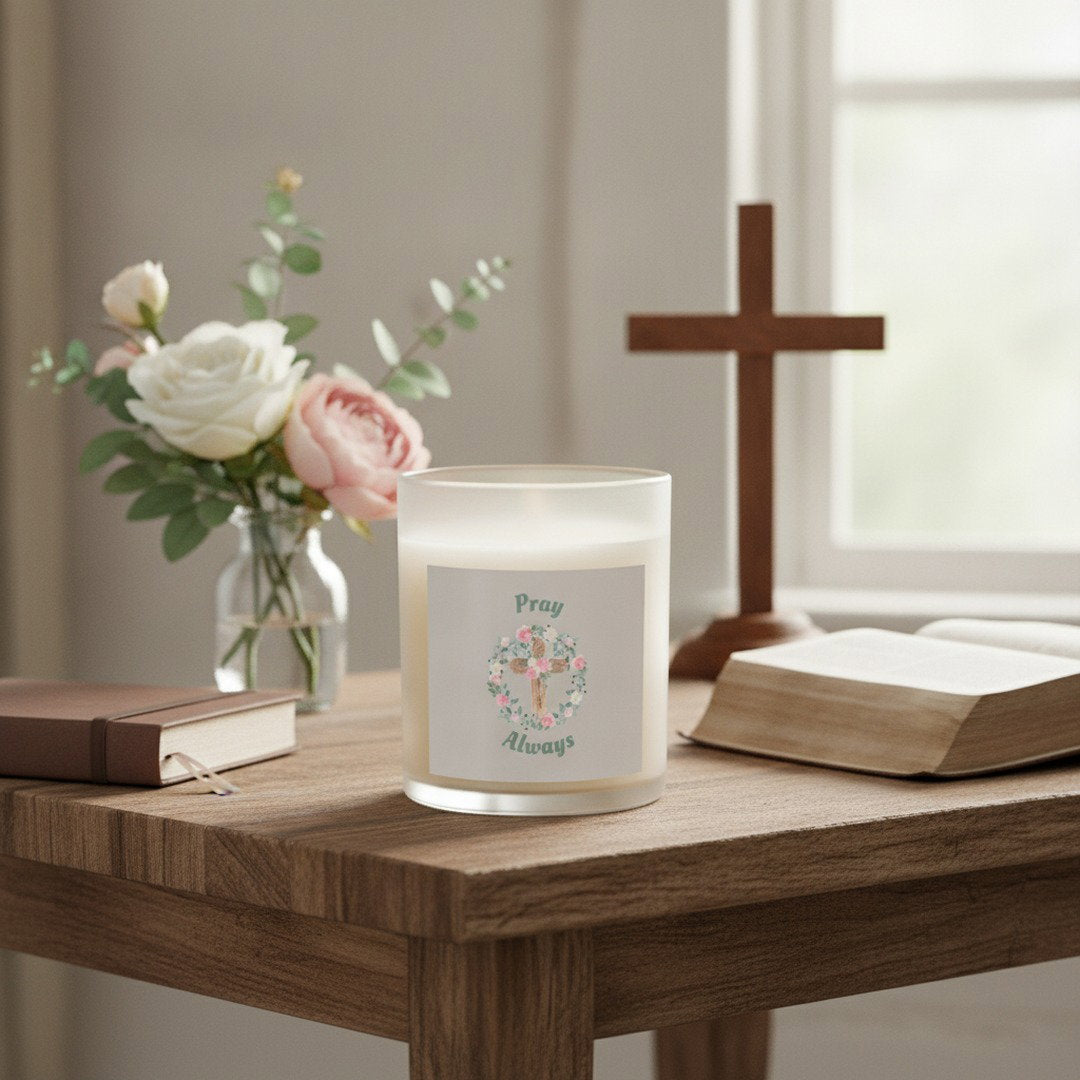 Pray Always™ 11 oz Glass Candle | Christian Soy Wax Candle | Floral Cross Faith Gift | Inspirational Home Décor