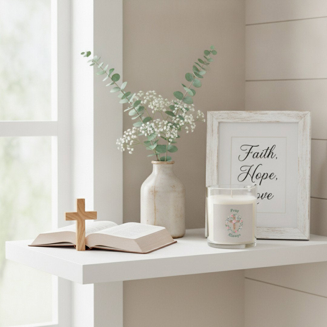 Pray Always™ 11 oz Glass Candle | Christian Soy Wax Candle | Floral Cross Faith Gift | Inspirational Home Décor