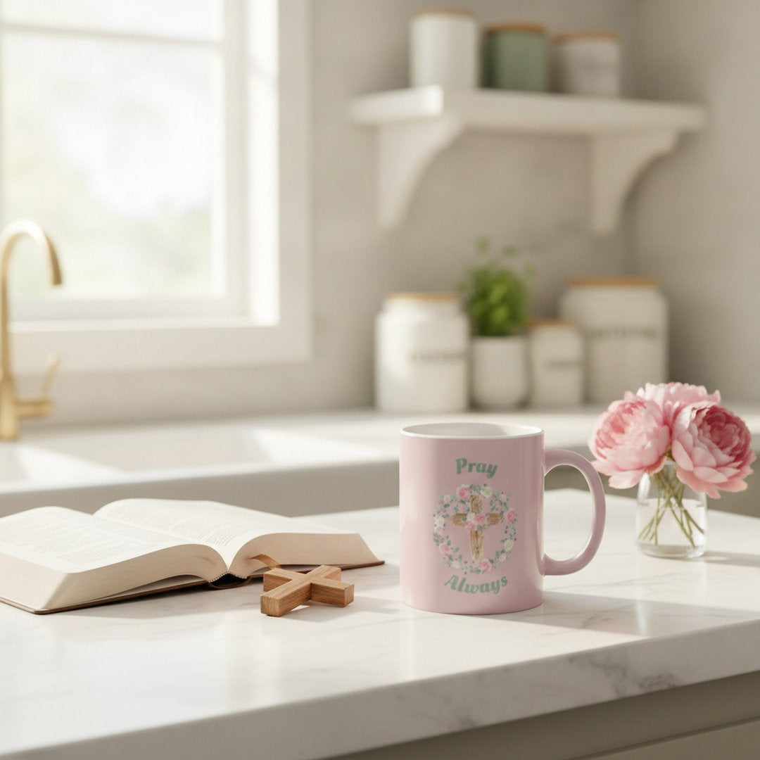 Pray Always Ceramic Coffee Mug | Christian Floral Cross Mug | Faith-Based Coffee Cup | Inspirational Religious Gift | 11 oz & 15 oz