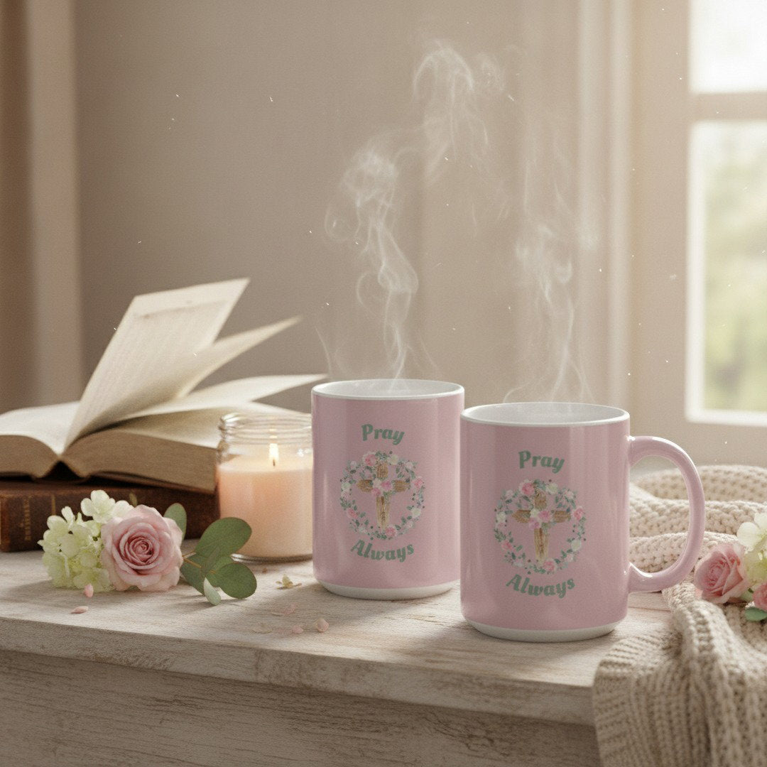 Pray Always Ceramic Coffee Mug | Christian Floral Cross Mug | Faith-Based Coffee Cup | Inspirational Religious Gift | 11 oz & 15 oz