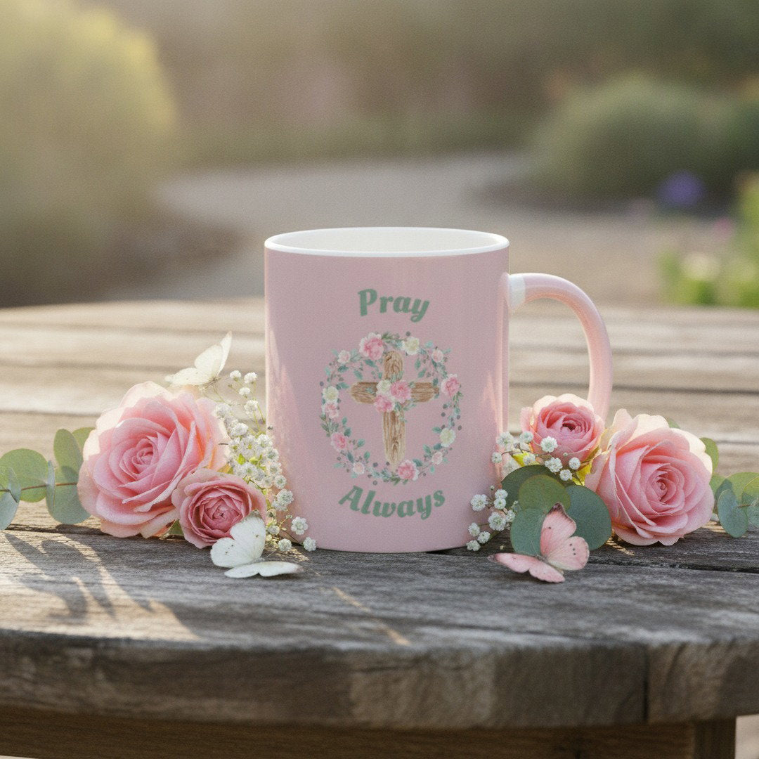 Pray Always Ceramic Coffee Mug | Christian Floral Cross Mug | Faith-Based Coffee Cup | Inspirational Religious Gift | 11 oz & 15 oz