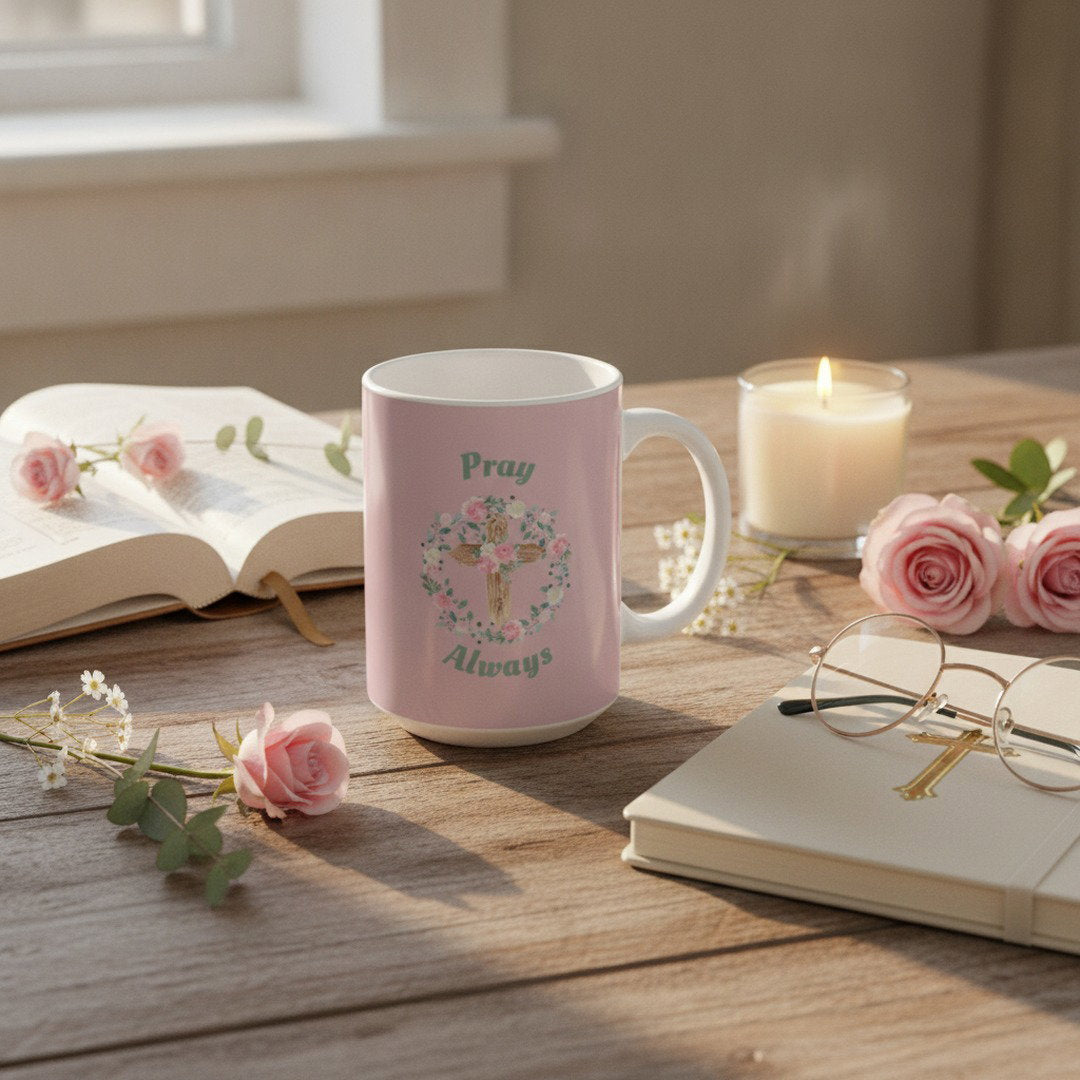Pray Always Ceramic Coffee Mug | Christian Floral Cross Mug | Faith-Based Coffee Cup | Inspirational Religious Gift | 11 oz & 15 oz