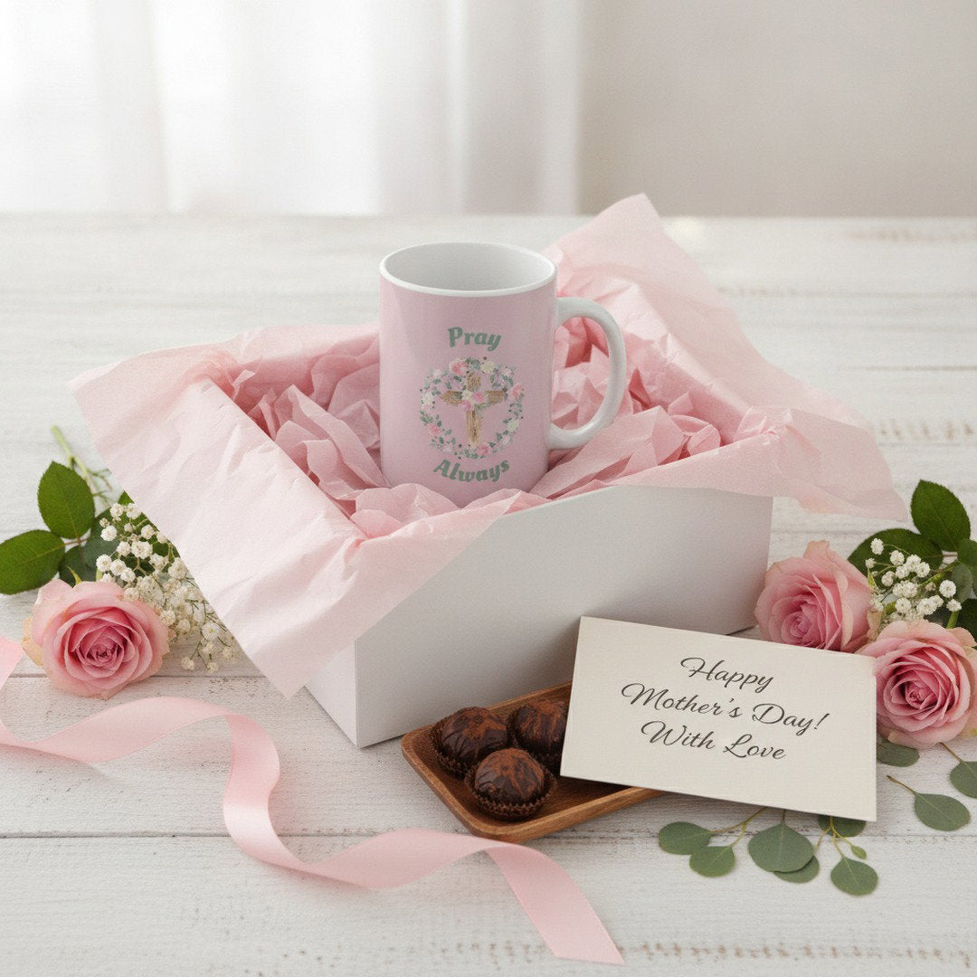 Pray Always Ceramic Coffee Mug | Christian Floral Cross Mug | Faith-Based Coffee Cup | Inspirational Religious Gift | 11 oz & 15 oz