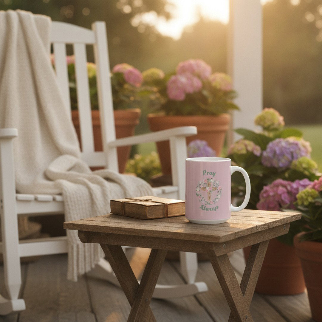 Pray Always Ceramic Coffee Mug | Christian Floral Cross Mug | Faith-Based Coffee Cup | Inspirational Religious Gift | 11 oz & 15 oz