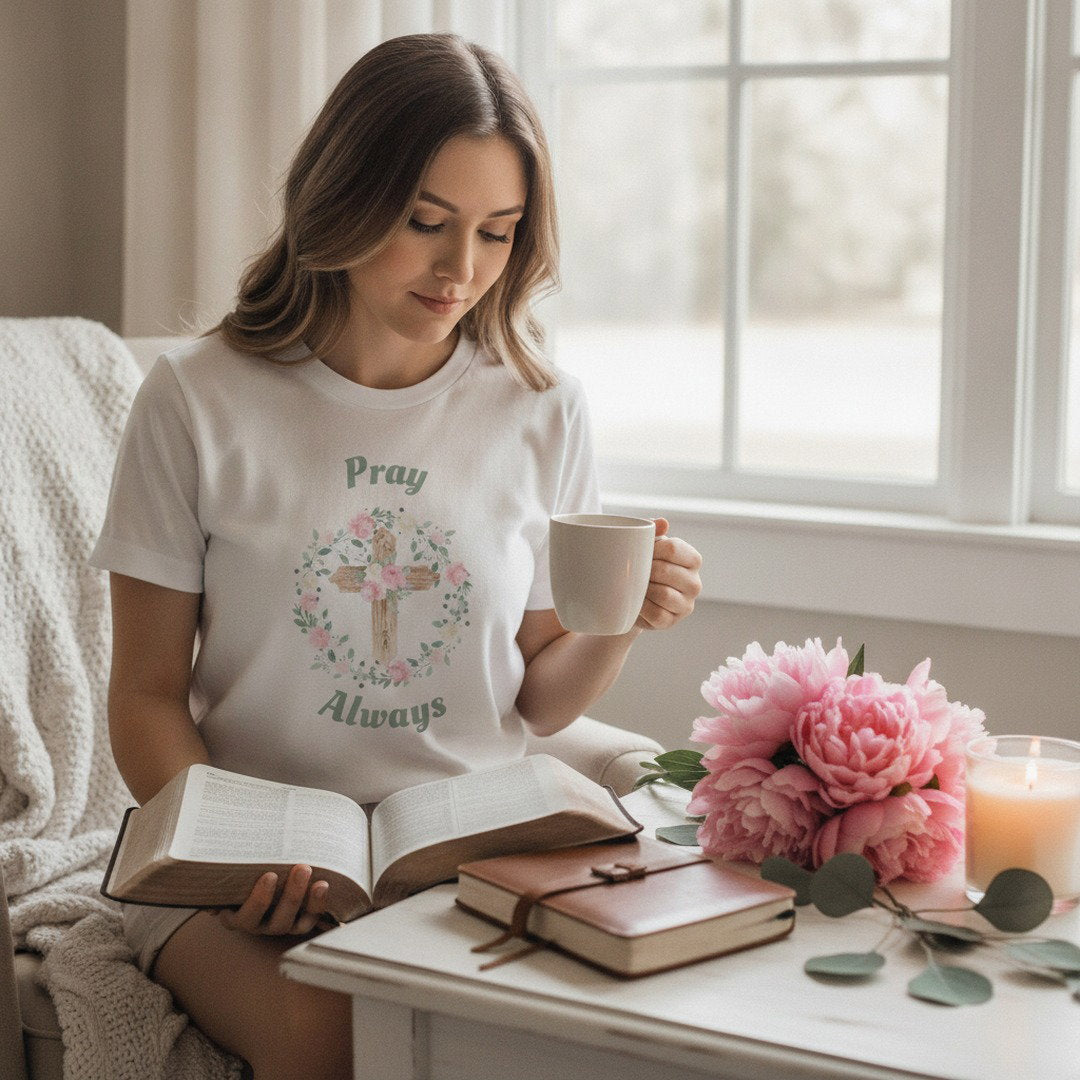 Pray Always Christian T-Shirt | Floral Cross Faith Shirt | Inspirational Religious Graphic Tee | Bible Verse Shirt | Christian Gift for Women | Unisex Tee