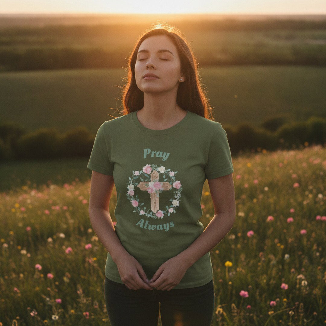 Pray Always Christian T-Shirt | Floral Cross Faith Shirt | Inspirational Religious Graphic Tee | Bible Verse Shirt | Christian Gift for Women | Unisex Tee