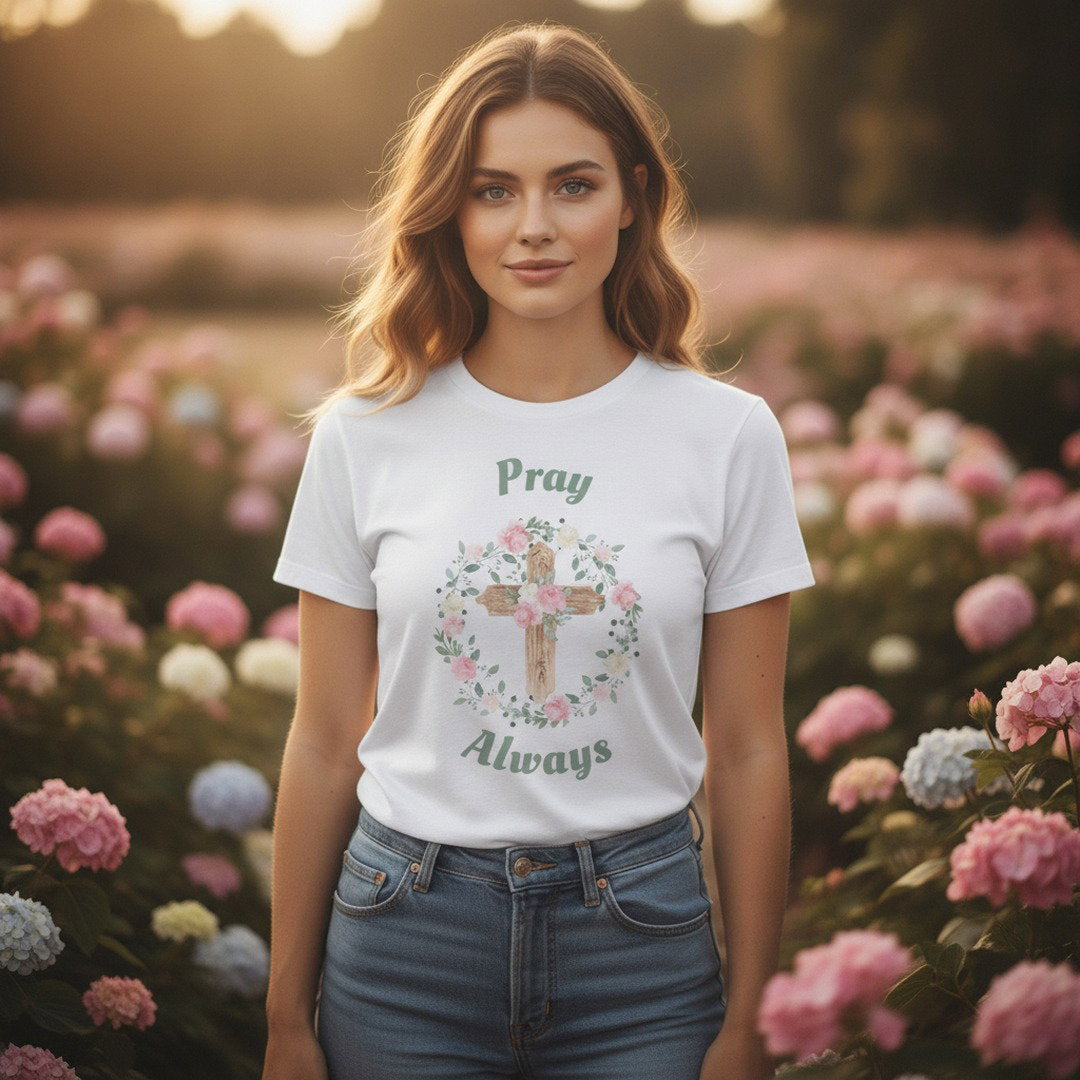 Pray Always Christian T-Shirt | Floral Cross Faith Shirt | Inspirational Religious Graphic Tee | Bible Verse Shirt | Christian Gift for Women | Unisex Tee