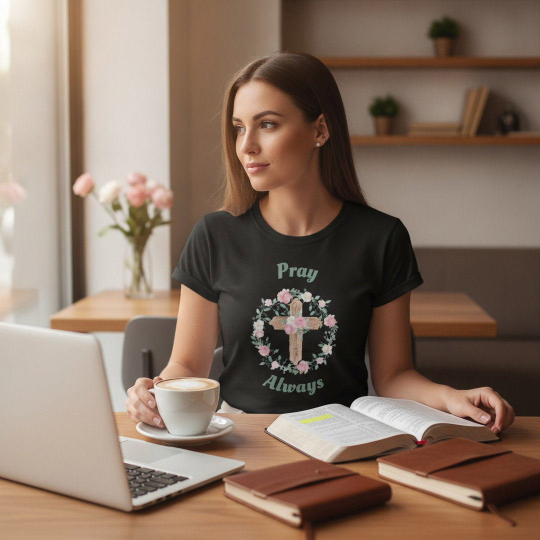 Pray Always Christian T-Shirt | Floral Cross Faith Shirt | Inspirational Religious Graphic Tee | Bible Verse Shirt | Christian Gift for Women | Unisex Tee