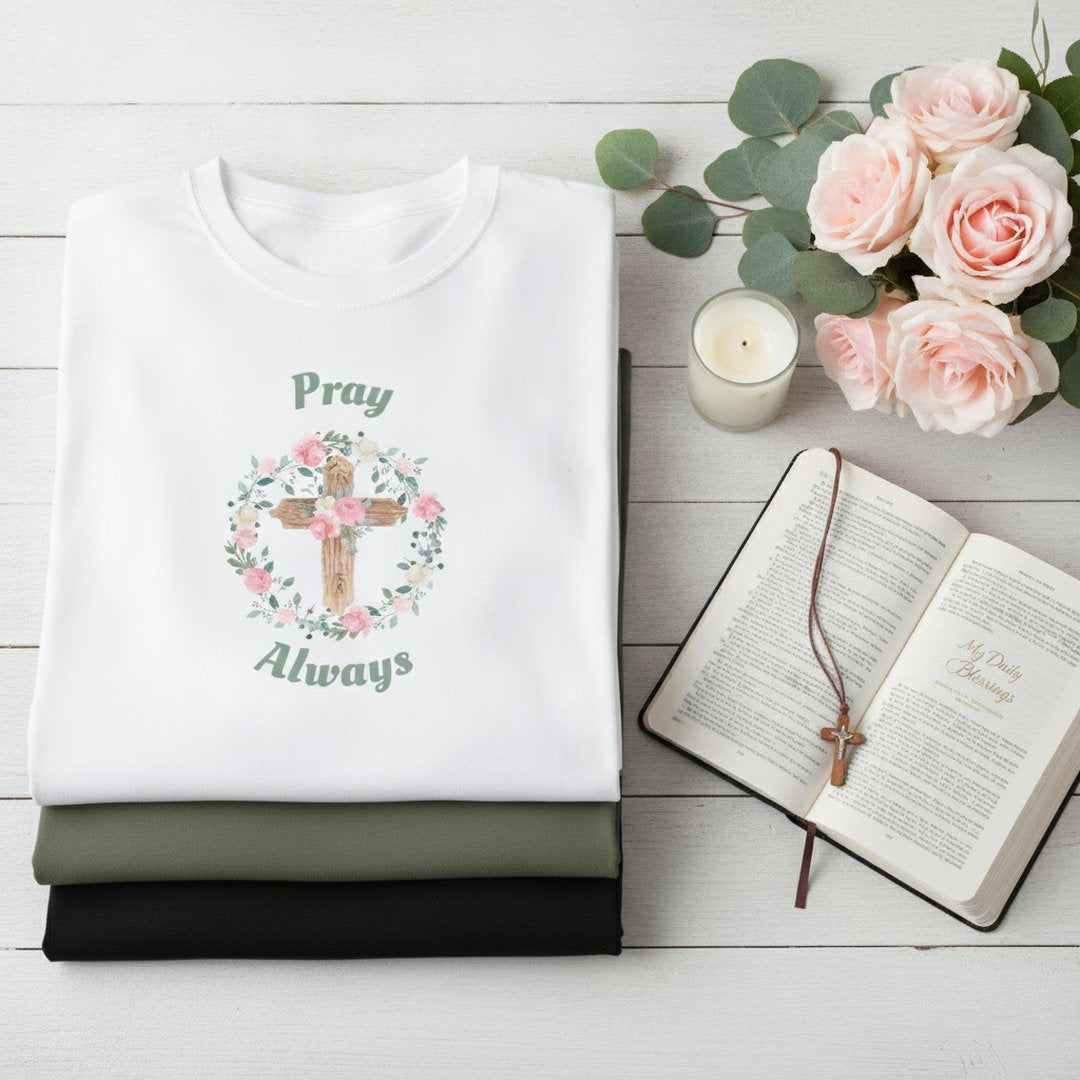Pray Always Christian T-Shirt | Floral Cross Faith Shirt | Inspirational Religious Graphic Tee | Bible Verse Shirt | Christian Gift for Women | Unisex Tee