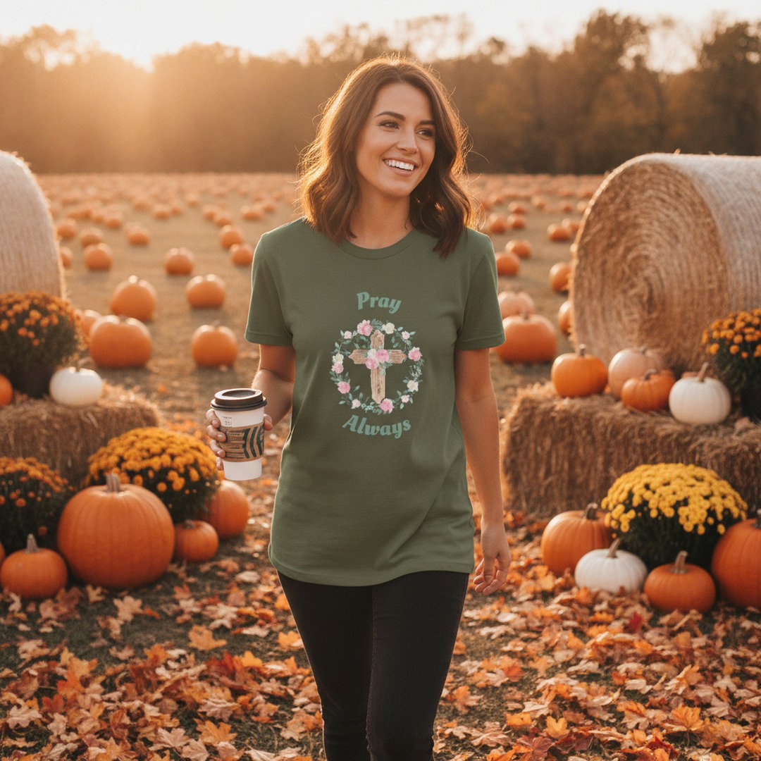 Pray Always Christian T-Shirt | Floral Cross Faith Shirt | Inspirational Religious Graphic Tee | Bible Verse Shirt | Christian Gift for Women | Unisex Tee