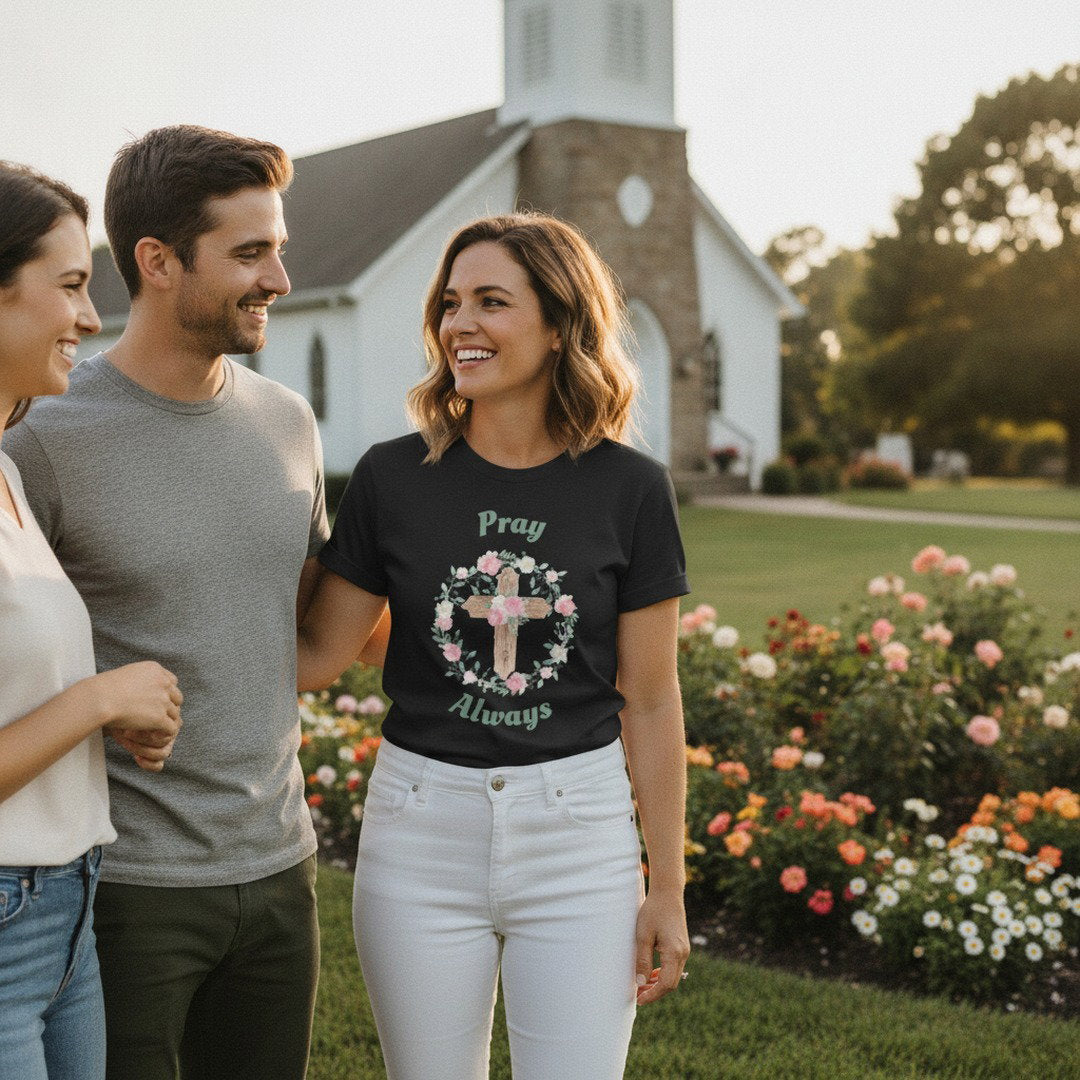 Pray Always Christian T-Shirt | Floral Cross Faith Shirt | Inspirational Religious Graphic Tee | Bible Verse Shirt | Christian Gift for Women | Unisex Tee