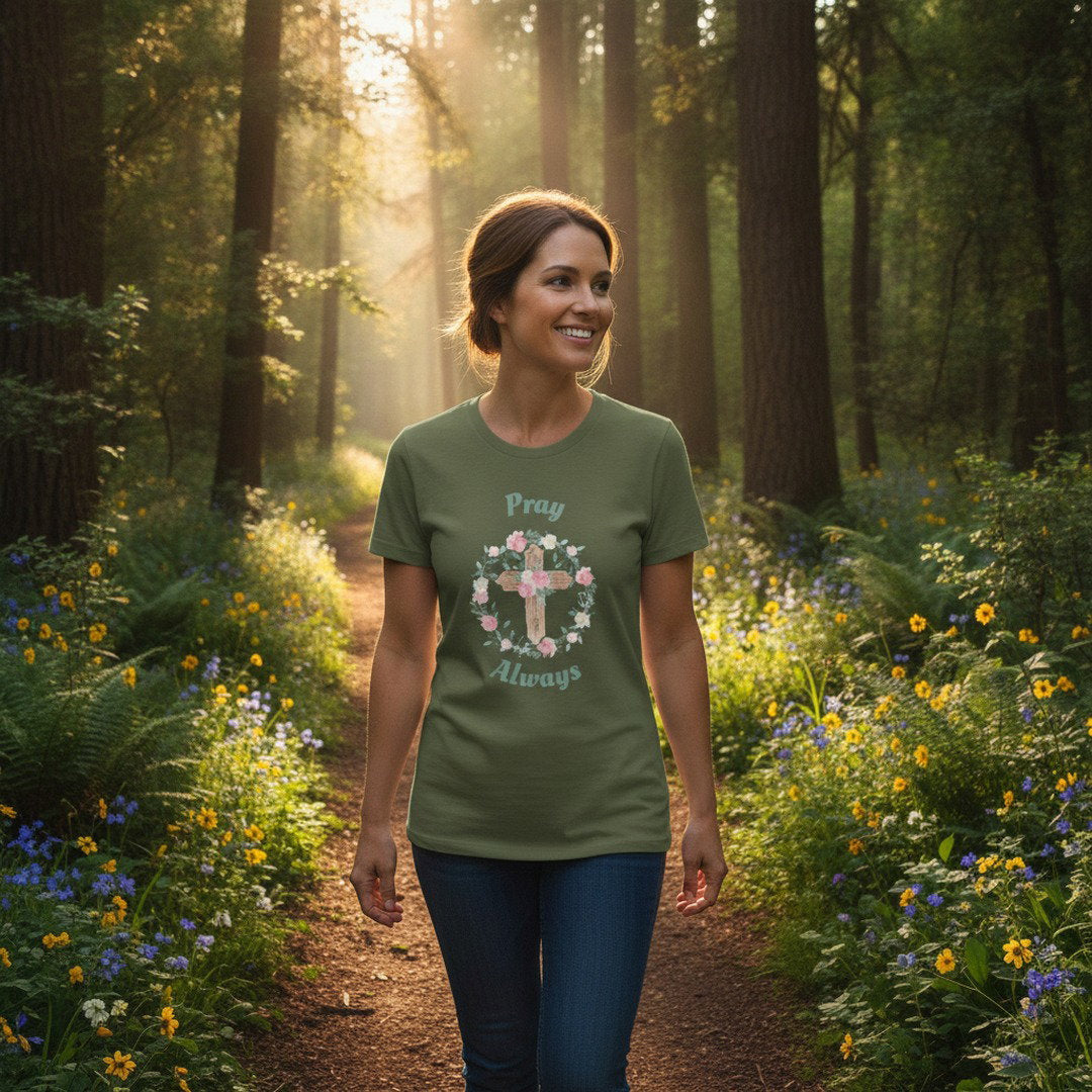 Pray Always Christian T-Shirt | Floral Cross Faith Shirt | Inspirational Religious Graphic Tee | Bible Verse Shirt | Christian Gift for Women | Unisex Tee