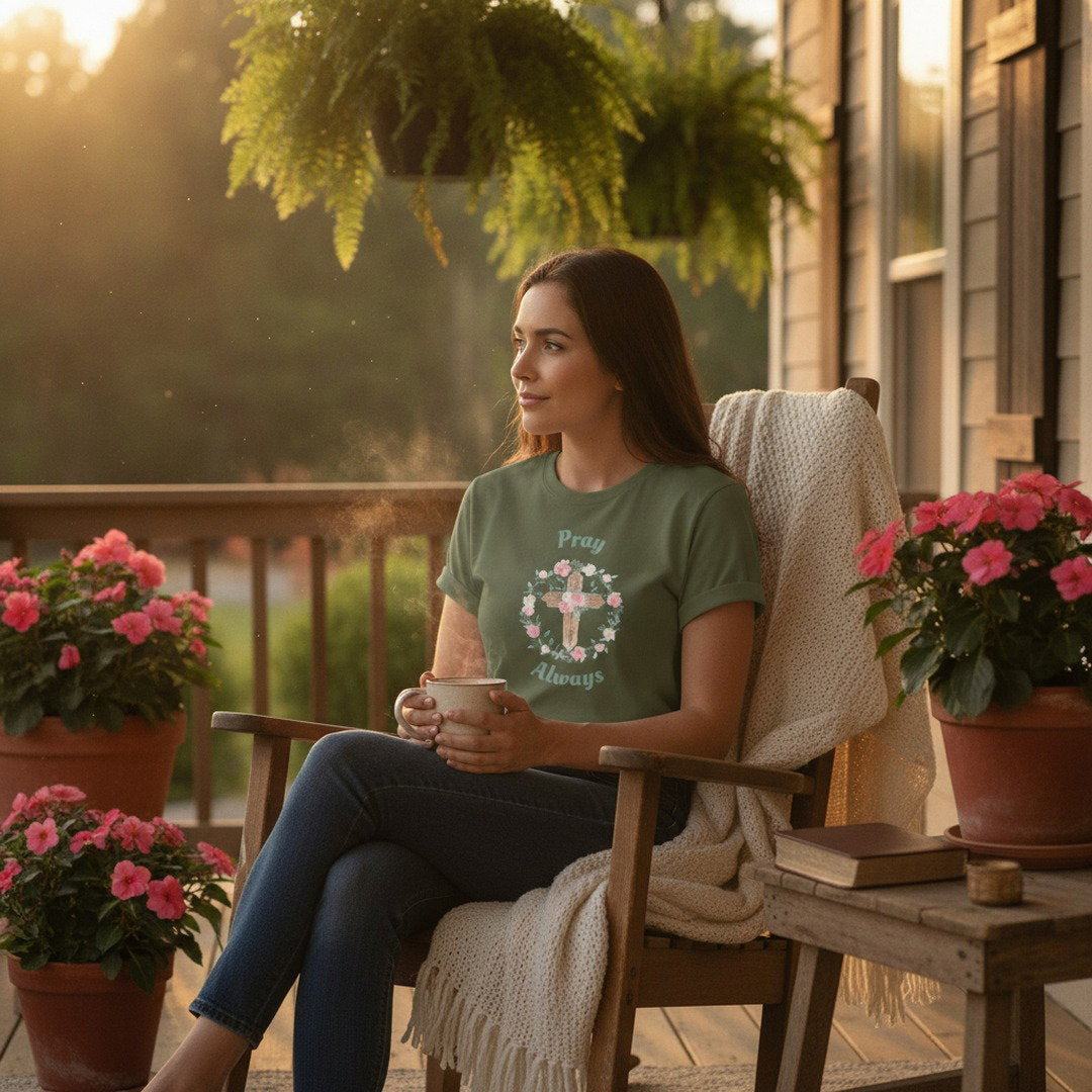 Pray Always Christian T-Shirt | Floral Cross Faith Shirt | Inspirational Religious Graphic Tee | Bible Verse Shirt | Christian Gift for Women | Unisex Tee