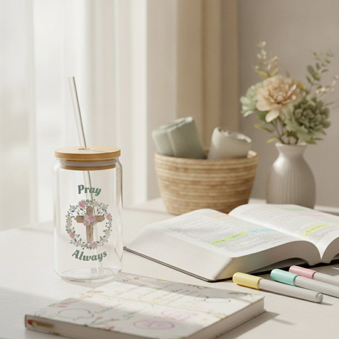 Pray Always 16 oz Glass Sipper Cup with Bamboo Lid & Glass Straw | Christian Floral Cross Iced Coffee Cup | Faith Gift for Women