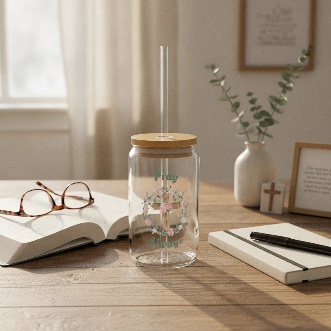 Pray Always 16 oz Glass Sipper Cup with Bamboo Lid & Glass Straw | Christian Floral Cross Iced Coffee Cup | Faith Gift for Women
