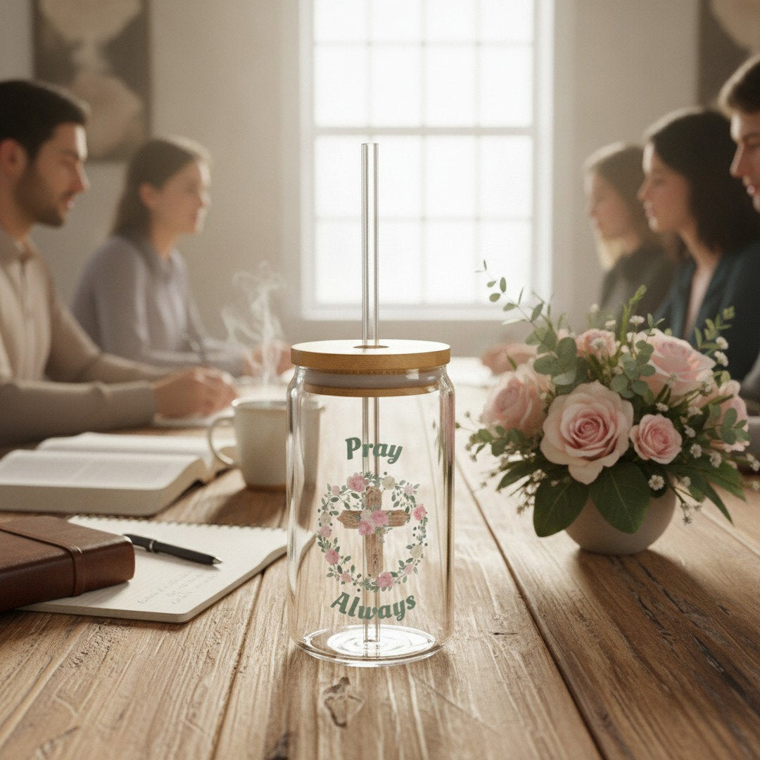 Pray Always 16 oz Glass Sipper Cup with Bamboo Lid & Glass Straw | Christian Floral Cross Iced Coffee Cup | Faith Gift for Women