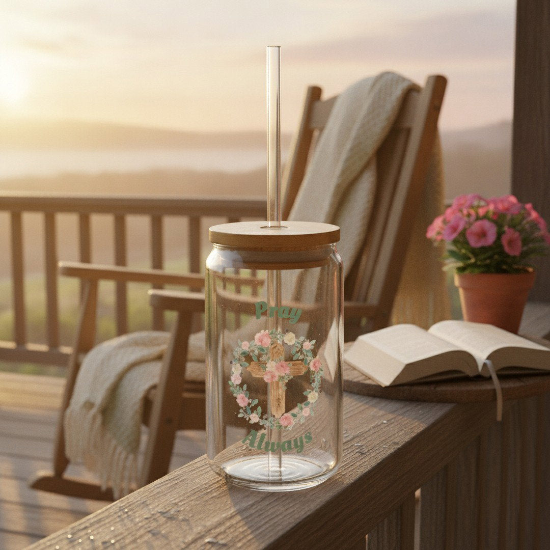 Pray Always 16 oz Glass Sipper Cup with Bamboo Lid & Glass Straw | Christian Floral Cross Iced Coffee Cup | Faith Gift for Women
