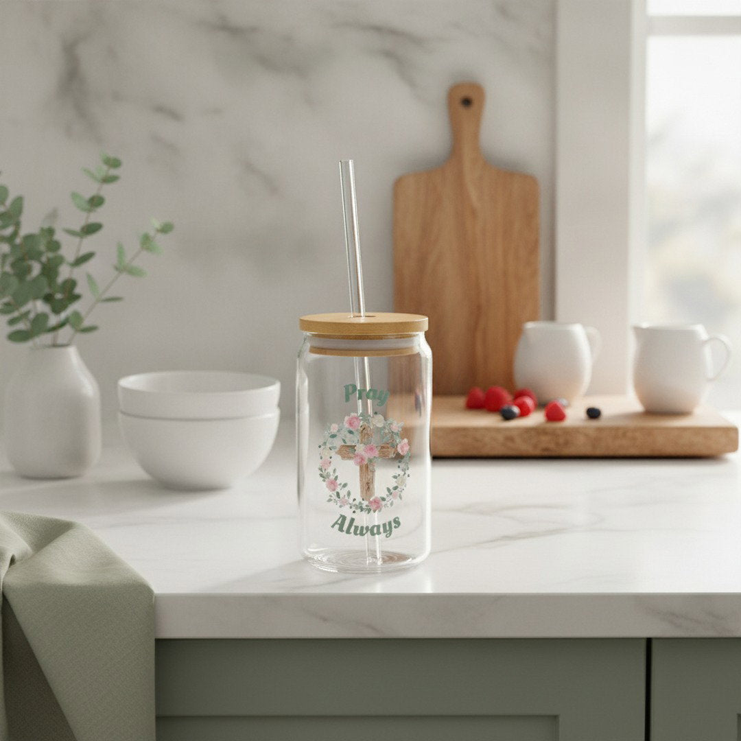 Pray Always 16 oz Glass Sipper Cup with Bamboo Lid & Glass Straw | Christian Floral Cross Iced Coffee Cup | Faith Gift for Women