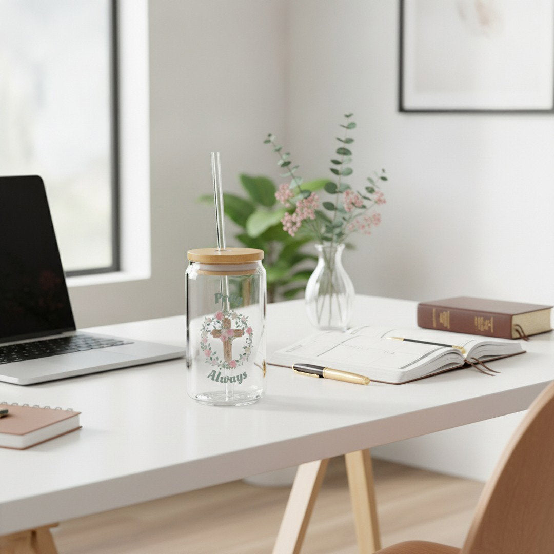 Pray Always 16 oz Glass Sipper Cup with Bamboo Lid & Glass Straw | Christian Floral Cross Iced Coffee Cup | Faith Gift for Women
