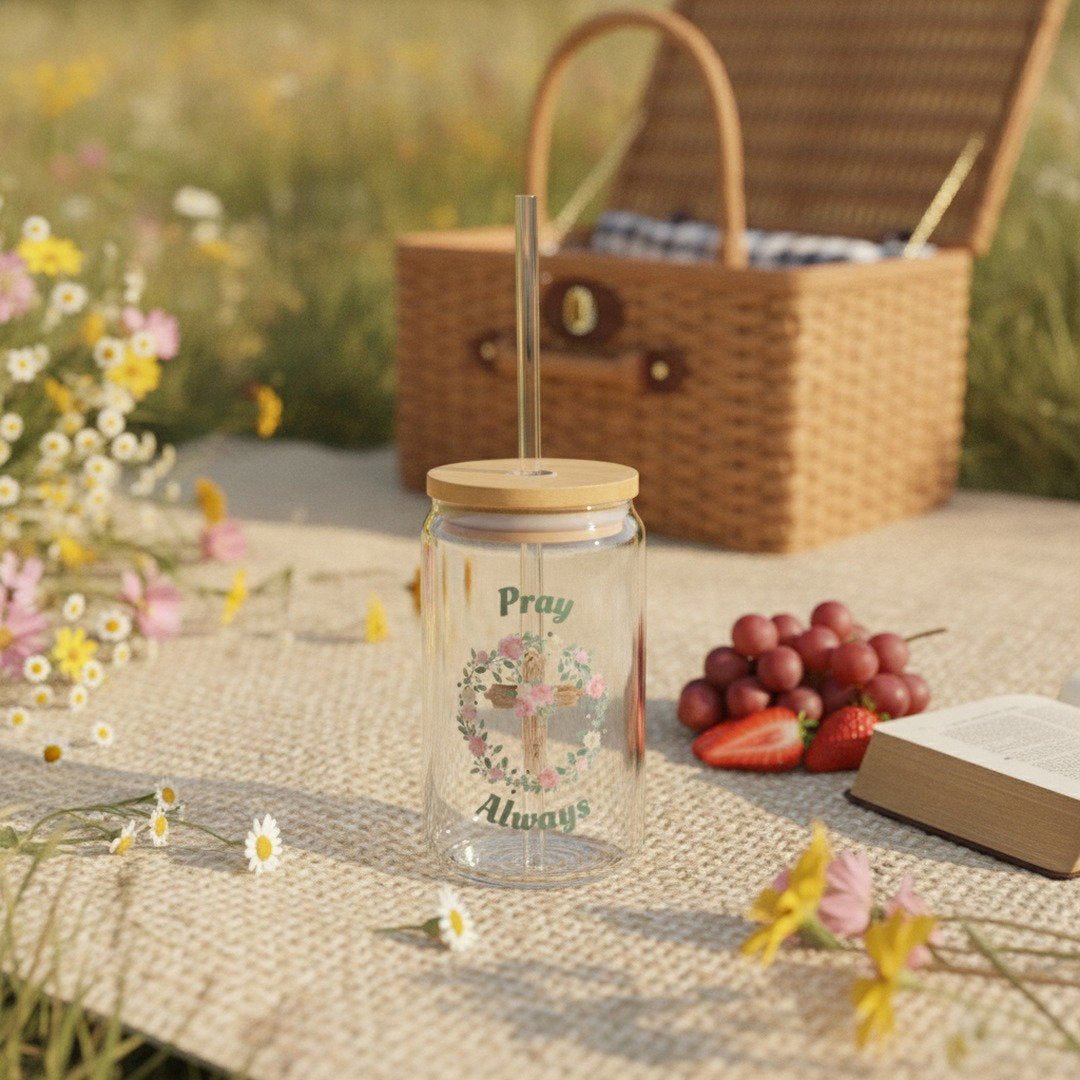 Pray Always 16 oz Glass Sipper Cup with Bamboo Lid & Glass Straw | Christian Floral Cross Iced Coffee Cup | Faith Gift for Women