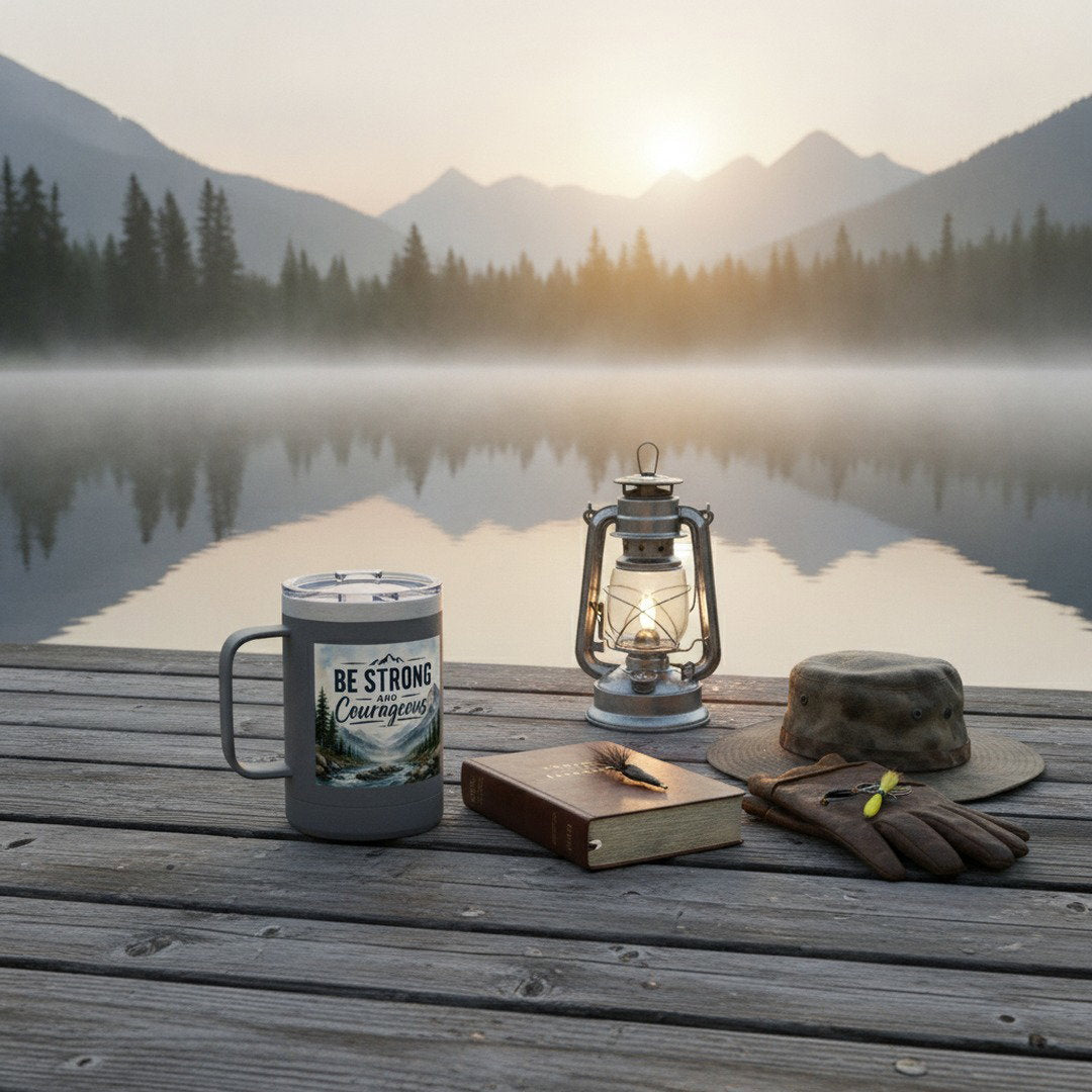 Be Strong and Courageous Travel Mug with Handle | Christian Insulated Coffee Mug | Joshua 1:9 Faith Gift | Stainless Steel Tumbler for Men, Dad, Pastor, Camping & Daily Use
