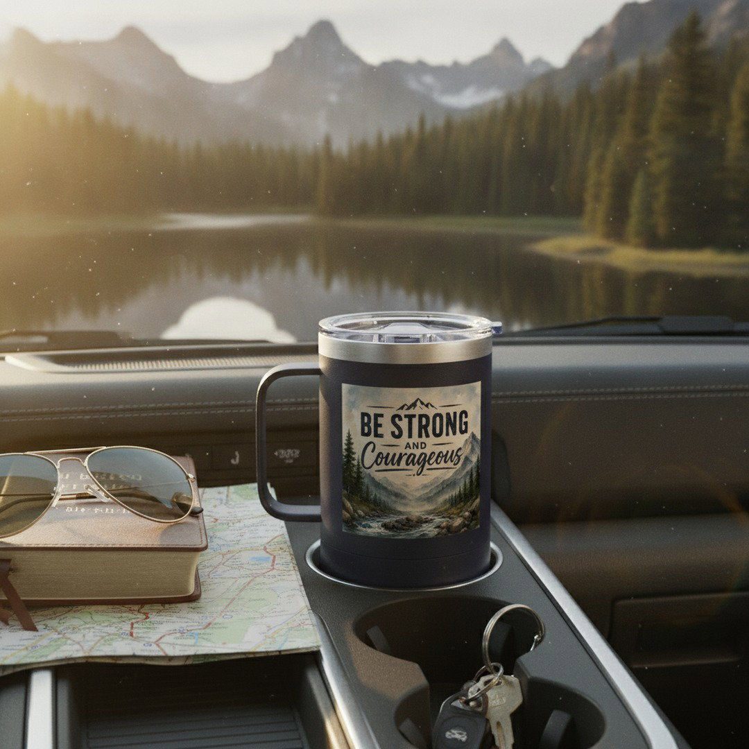 Be Strong and Courageous Travel Mug with Handle | Christian Insulated Coffee Mug | Joshua 1:9 Faith Gift | Stainless Steel Tumbler for Men, Dad, Pastor, Camping & Daily Use