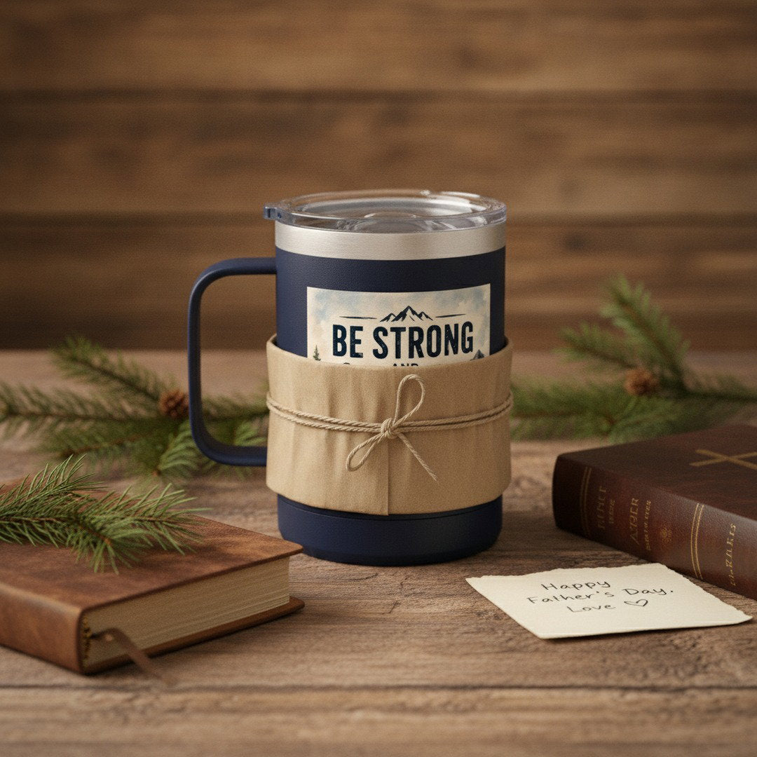 Be Strong and Courageous Travel Mug with Handle | Christian Insulated Coffee Mug | Joshua 1:9 Faith Gift | Stainless Steel Tumbler for Men, Dad, Pastor, Camping & Daily Use