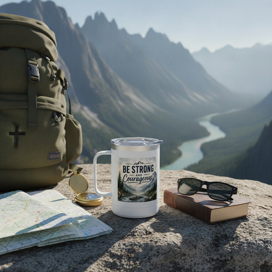 Be Strong and Courageous Travel Mug with Handle | Christian Insulated Coffee Mug | Joshua 1:9 Faith Gift | Stainless Steel Tumbler for Men, Dad, Pastor, Camping & Daily Use