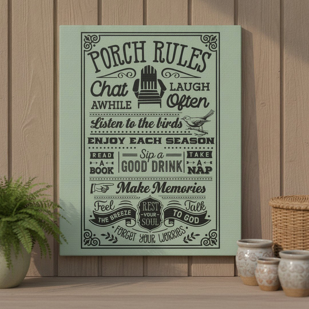 Porch Rules Hanging Sign – Sage Green Porch & Patio Wall Decor