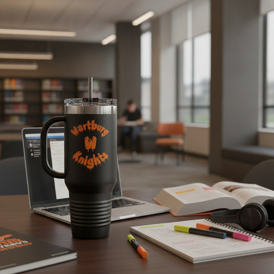 40 oz Wartburg Knights Travel Tumbler | Orange & Black College Tumbler with Handle & Straw