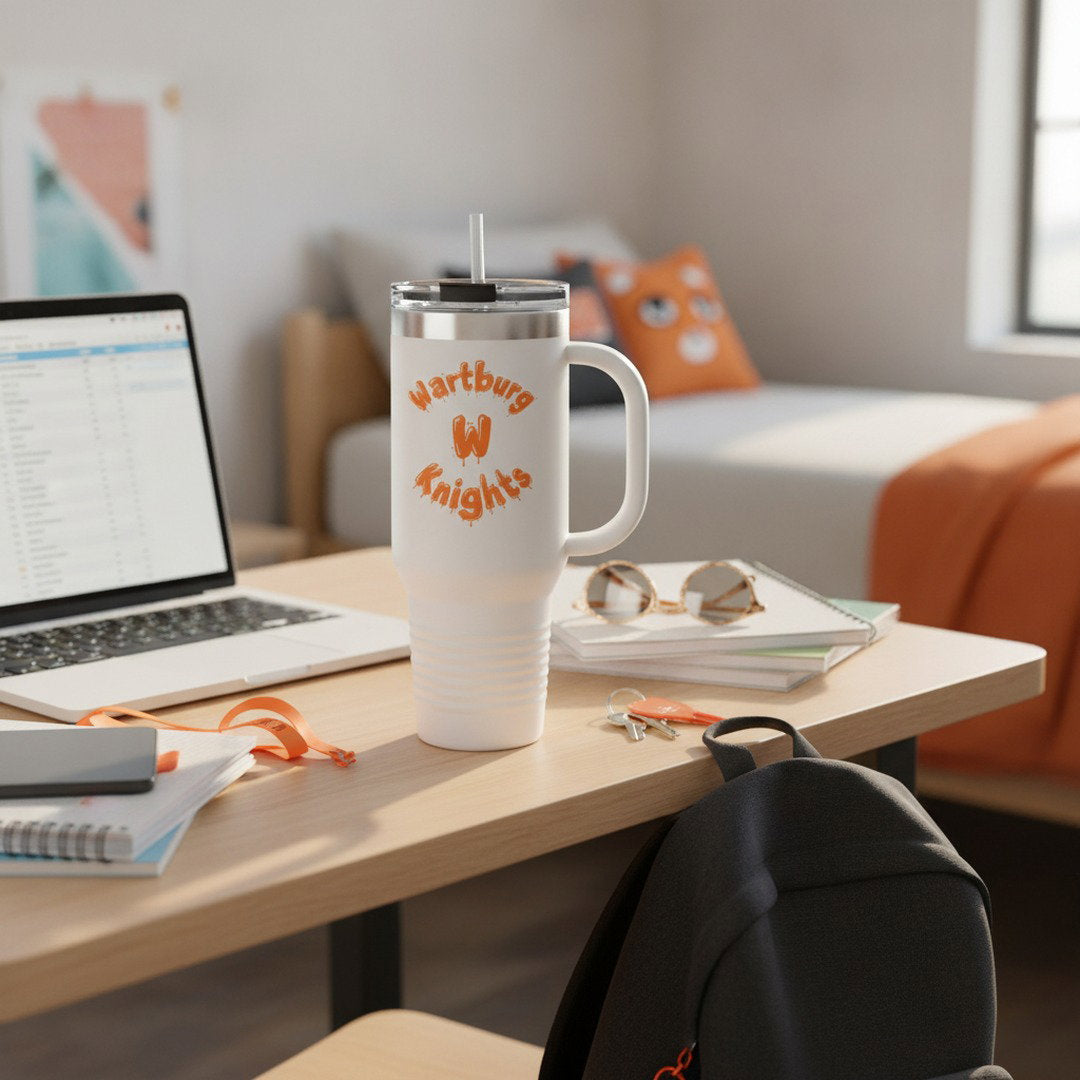 40 oz Wartburg Knights Travel Tumbler | Orange & Black College Tumbler with Handle & Straw