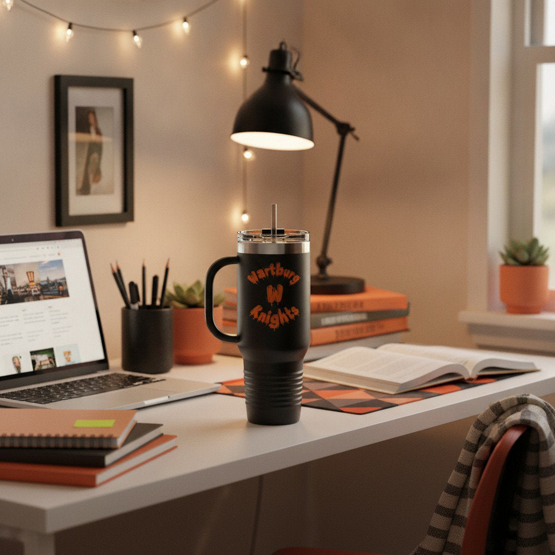 40 oz Wartburg Knights Travel Tumbler | Orange & Black College Tumbler with Handle & Straw