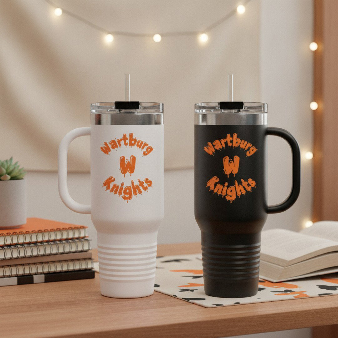 40 oz Wartburg Knights Travel Tumbler | Orange & Black College Tumbler with Handle & Straw