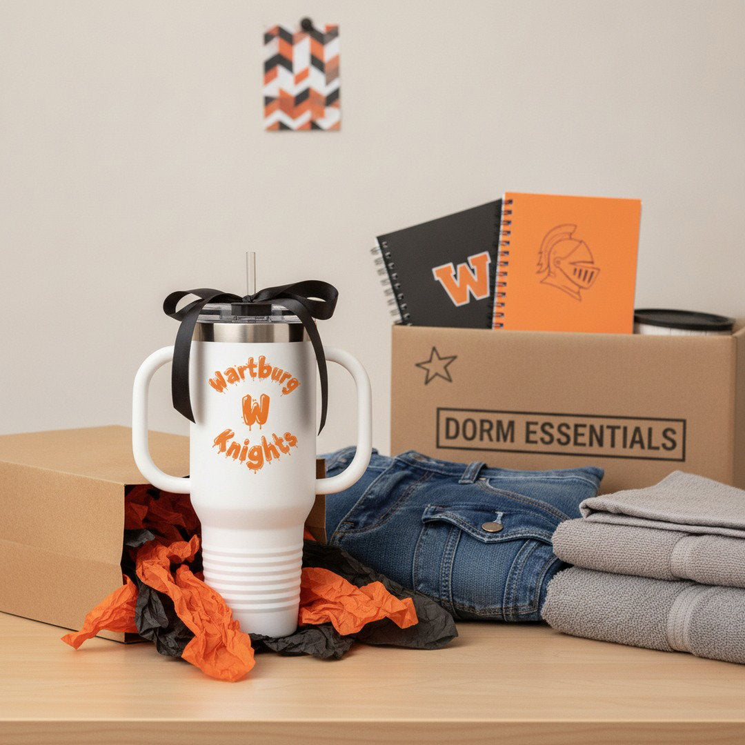 40 oz Wartburg Knights Travel Tumbler | Orange & Black College Tumbler with Handle & Straw