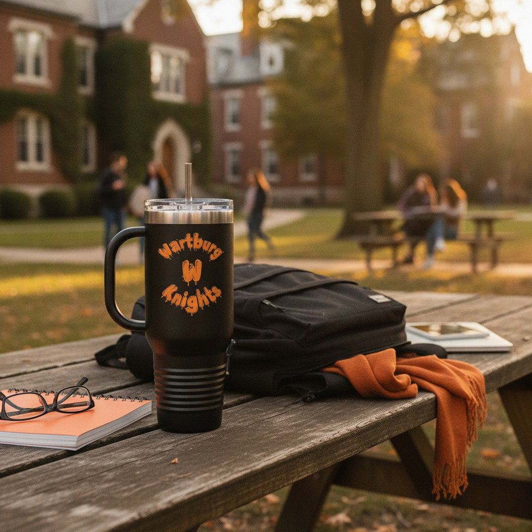 40 oz Wartburg Knights Travel Tumbler | Orange & Black College Tumbler with Handle & Straw