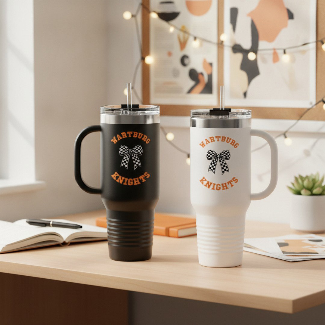 40 oz Wartburg Knights Bow Travel Tumbler | College Tumbler with Handle & Straw | Black or White