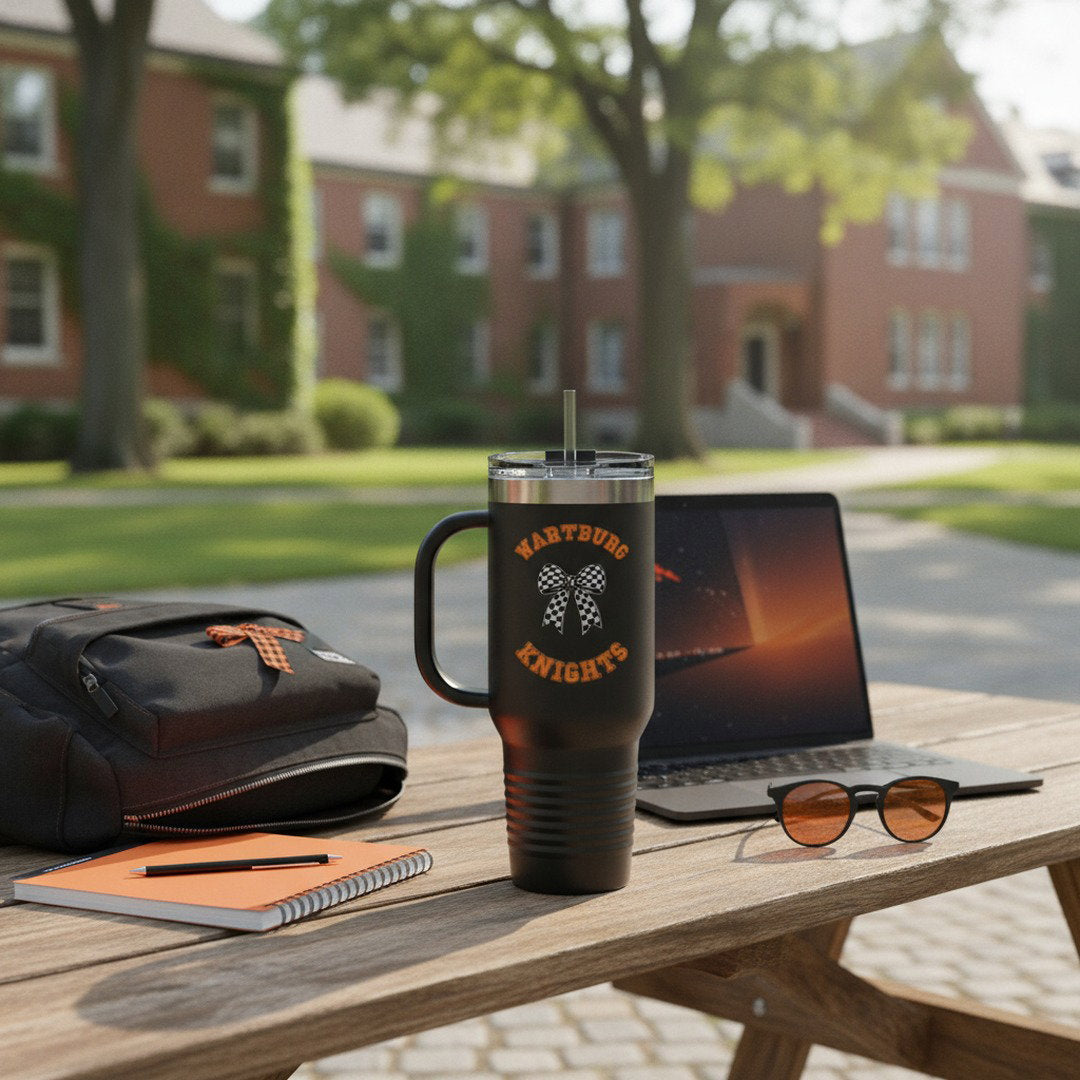 40 oz Wartburg Knights Bow Travel Tumbler | College Tumbler with Handle & Straw | Black or White