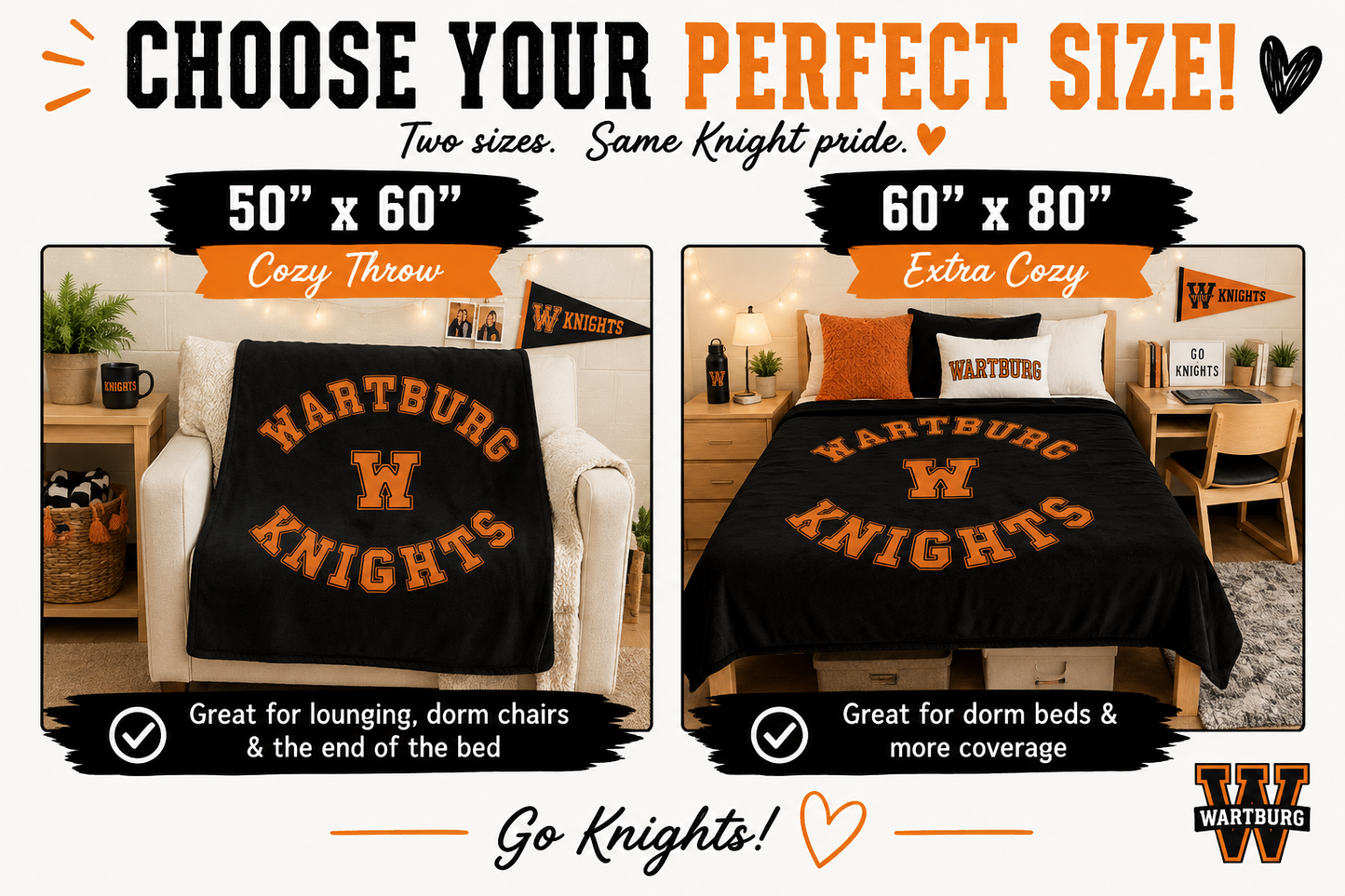 Wartburg College Knights Cozy Blanket – Black & Orange Dorm Throw | 50x60 & 60x80
