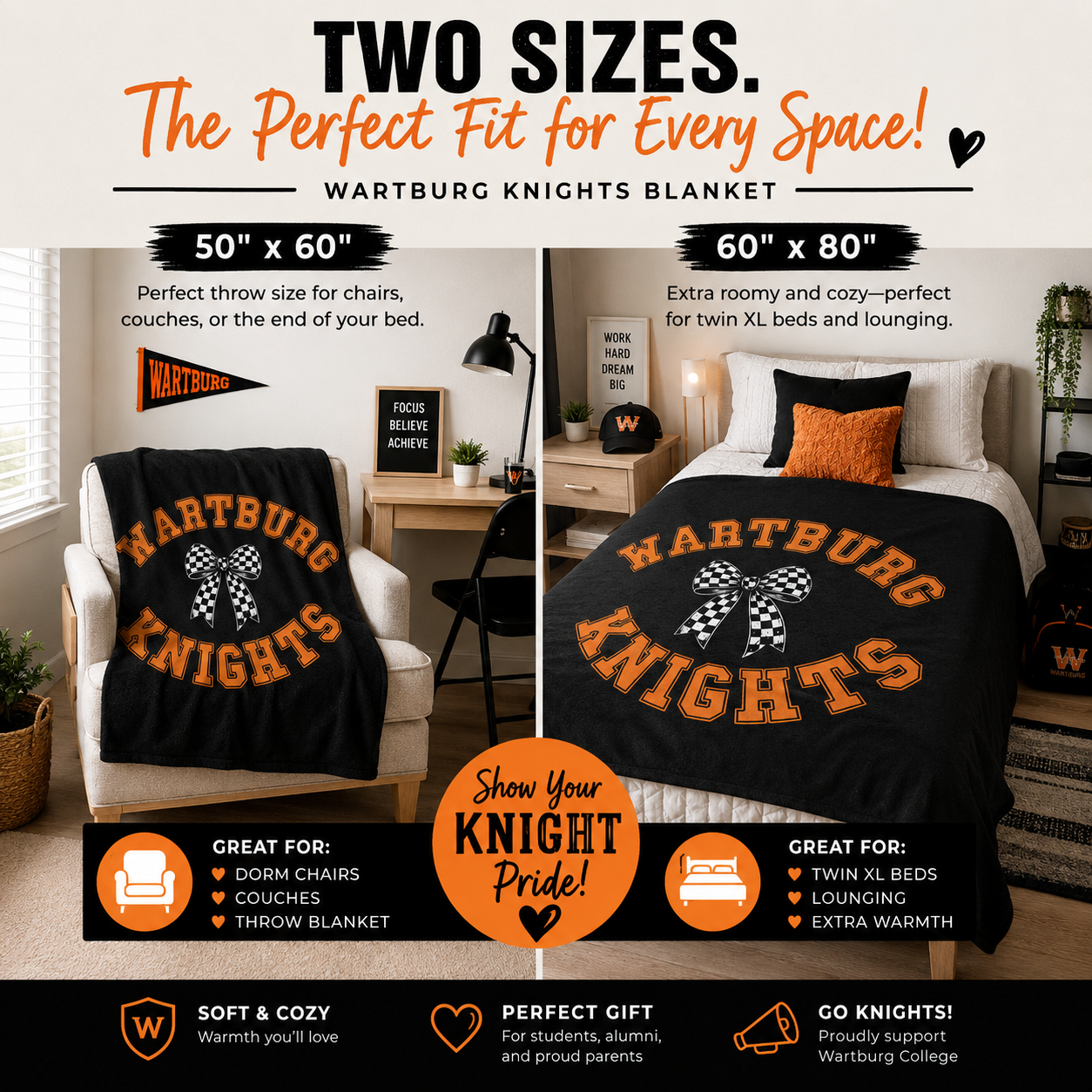 Wartburg Knights Cozy Blanket – Black & Orange College Dorm Blanket | 50x60 & 60x80