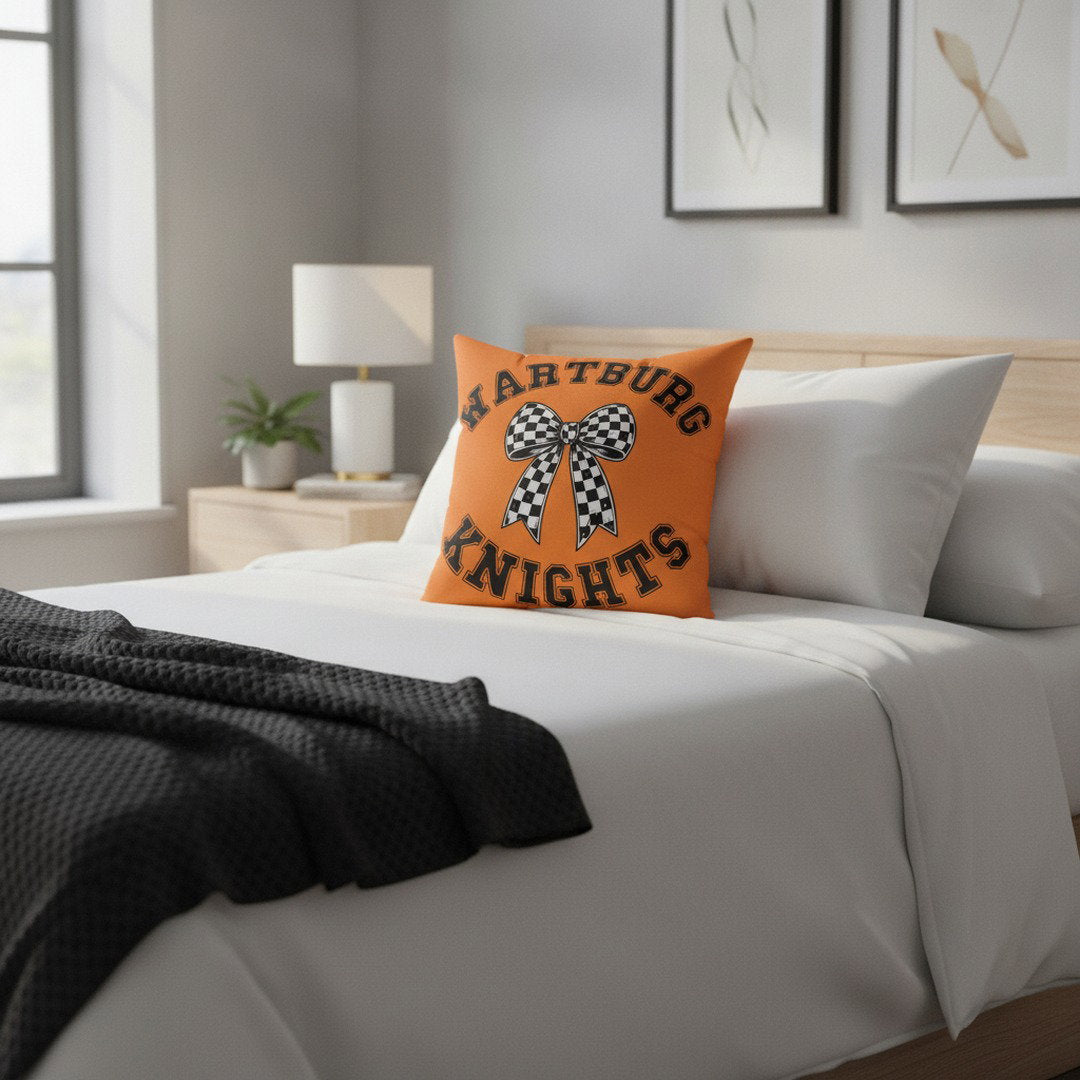 Wartburg Knights Checkered Bow Throw Pillow – Orange College Dorm Decor | 7 Sizes Available
