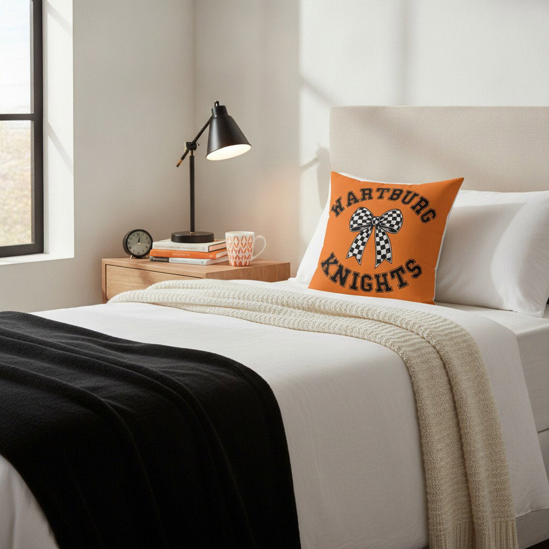 Wartburg Knights Checkered Bow Throw Pillow – Orange College Dorm Decor | 7 Sizes Available