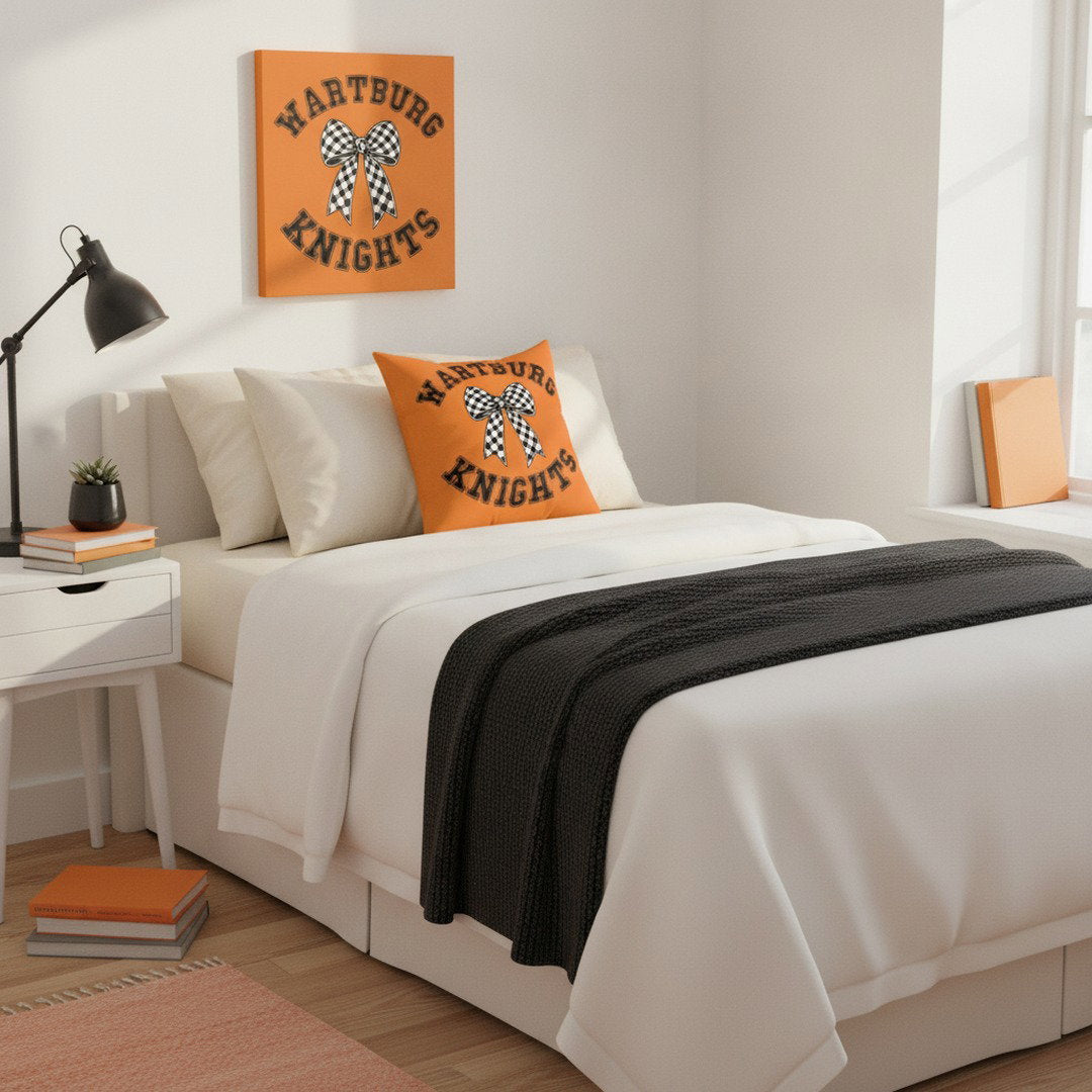 Wartburg Knights Checkered Bow Throw Pillow – Orange College Dorm Decor | 7 Sizes Available